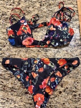 Floral Black Multi-Strap Bikini Set